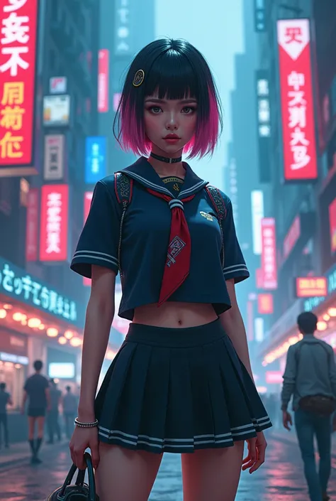 An Asian woman in school uniform wears a too short skirt in a cyber punk city