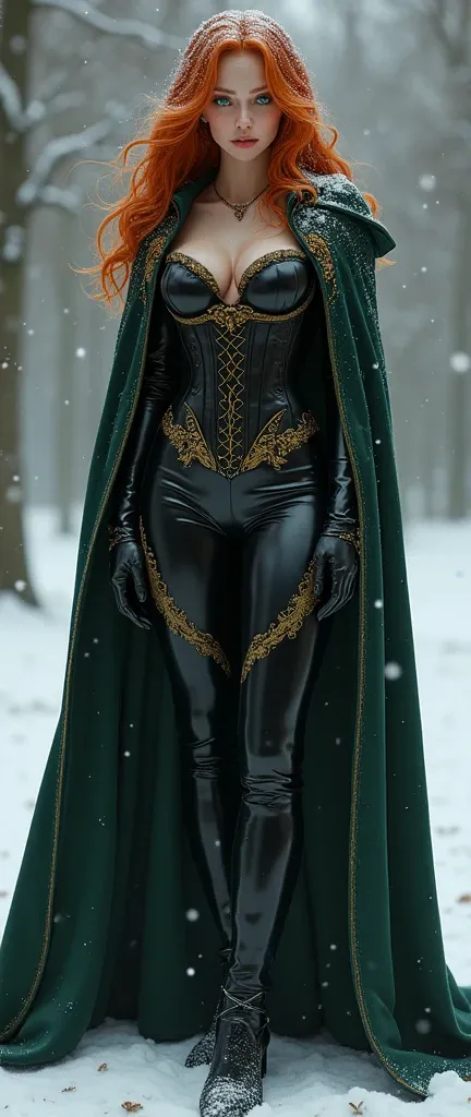 Young Triss merigold is wearing black latex wizard suit with a dark green cape and with golden details her ginger  hair is covered in snow she has big  and ass her suit is covered in snow she has freckles and green eyes she is wearing a tight dark corset  ...