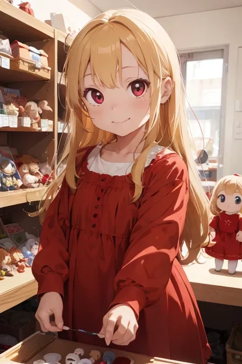 1 female, as a child, red long sleeve dress, blonde long hair, rosa cheeks, younger body, doll store, playing a dolls, happy face