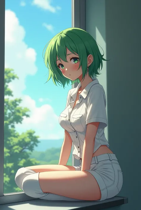 Tall anime attractive slim girl with short green fluffy hair with darker complexion with chubby cheeks with white shirt and white pants with white knee-high sock with earrings in ears sitting on the windowsill at school with medium boobs