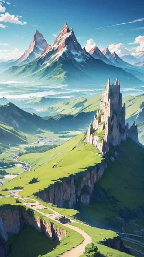 anime landscape with a mountain and a valley in the distance, anime countryside landscape, anime landscape wallpaper, beautiful anime scenery, detailed scenery —width 672, anime nature, anime landscape, anime background art, scenery artwork, anime nature w...