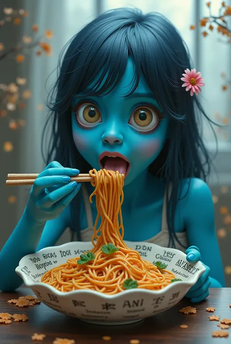 A girl with blue skin eats Chinese noodles with rumors written on them. The girl&#39;s mouth is open and her tongue is sticking out. 