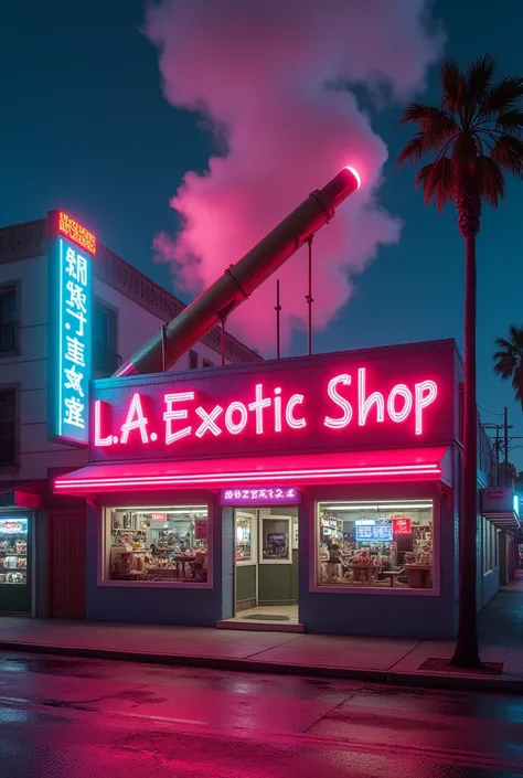 Je voudrai un décor à Los Angeles avec une enseigne (l.a exotic.shop) en néon avec sur le toit un énorme joint qui enfume toute la rue 