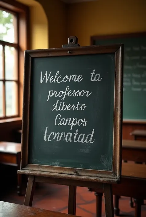 Blackboard that says Professor Luis Alberto Campos Hernández welcome text in Spanish
