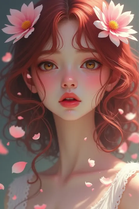 Girl with cherry colored hair,and light brown eyes,spits flower petals with tears