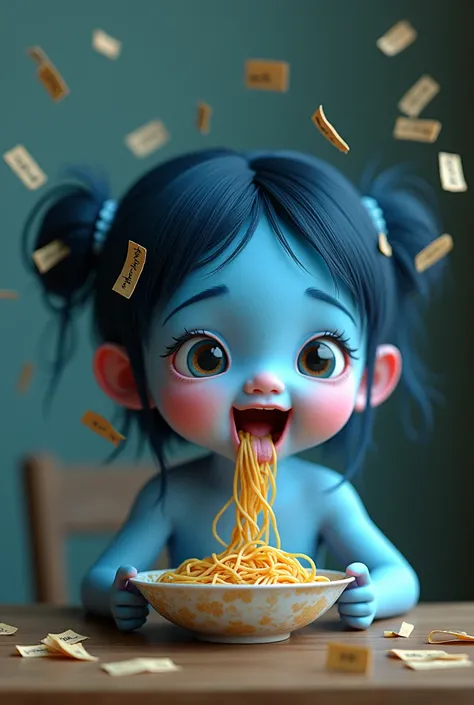 A girl with blue skin eats Chinese noodles with rumors written on them The girl&#39;s mouth is open and her tongue is sticking out The girl must be 2