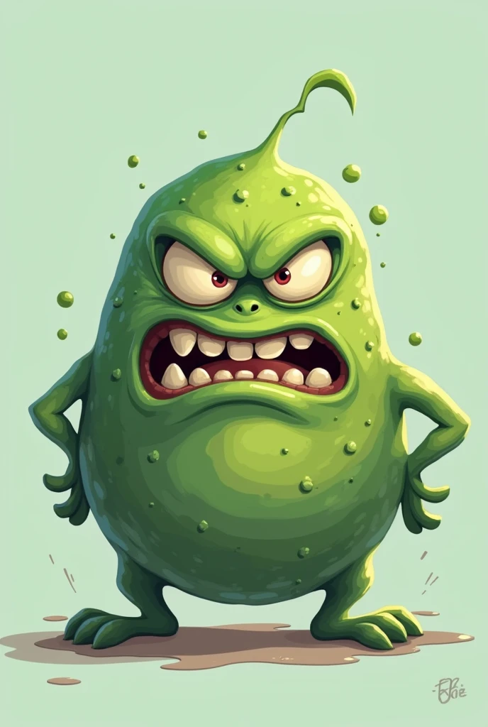 Can you generate me an image of an animated germ with a bad face?, I said to have a mean and angry face