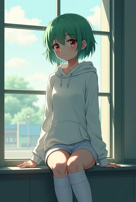 Tall anime attractive slim girl with short green fluffy hair with darker complexion with chubby cheeks with white hoodie and white long pants with white knee-high sock with earrings in ears sitting on the windowsill at school with medium boobs