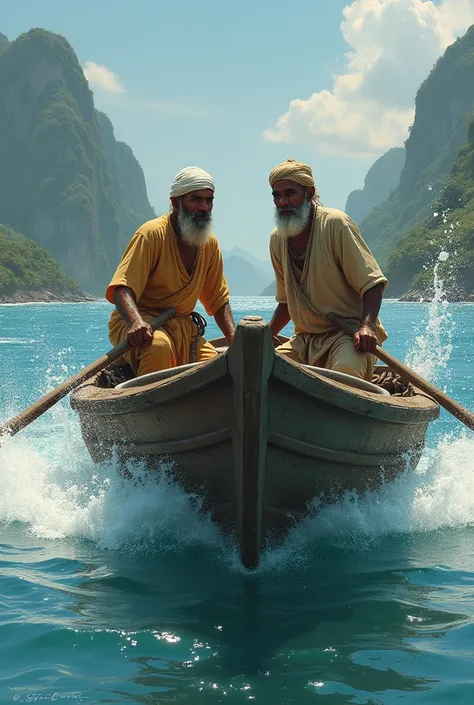 Two fishermen friends from south Asian country old times sailing on a little boat and they get into a accident by hitting a wave then fell from the boat