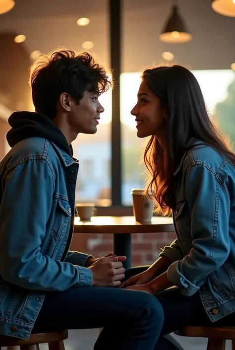 A 20 years old  young indian boy with medium long hair wearing denim jacket and seating with his 20 years old young girlfriend with long hair whos wearing blue jacket and both are seating in a starbucks coffee shop on two different chairs .