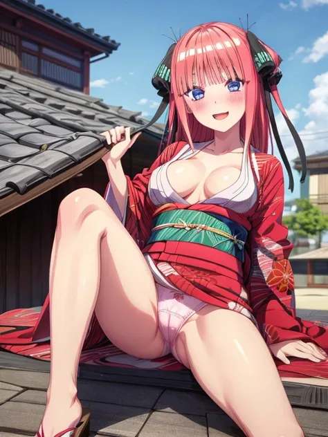 best quality, insanely detailed, nino nakano, breasts, blush, looking at viewer, cheerful eyes, arousal, kimono, highleg kimono, tight kimono, pussy, roof top background, panties