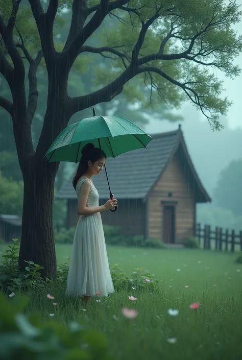 A beautiful girl playing under the umbrella while rain drizzling a small beautiful house and a grass lawn with a little fence and a beautiful tree in  rainy day 4k ,high quality image ,raindrop visible on camera lens .detailing is fine