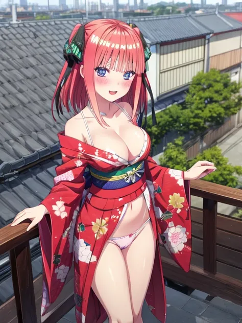 best quality, insanely detailed, nino nakano, breasts, blush, looking at viewer, cheerful eyes, arousal, kimono, highleg kimono, tight kimono, pussy, roof top background, panties