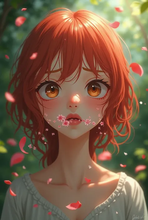 A girl with cherry-colored hair and light brown eyes spits flower petals with tears.