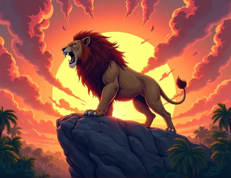 A fearless and strong lion on top of a giant rock roaring, the scene contains forests and a beautiful sunset, I want the scene to have vibrant and very eye-catching colors, comic book style. It has to give a feeling of great warmth.