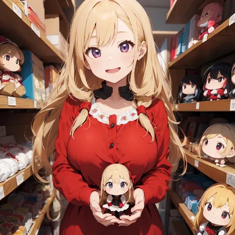 1 female, teenage girl, red long sleeve dress, blonde long hair, rosa cheeks, doll store, playing a dolls, happy face, huge breast