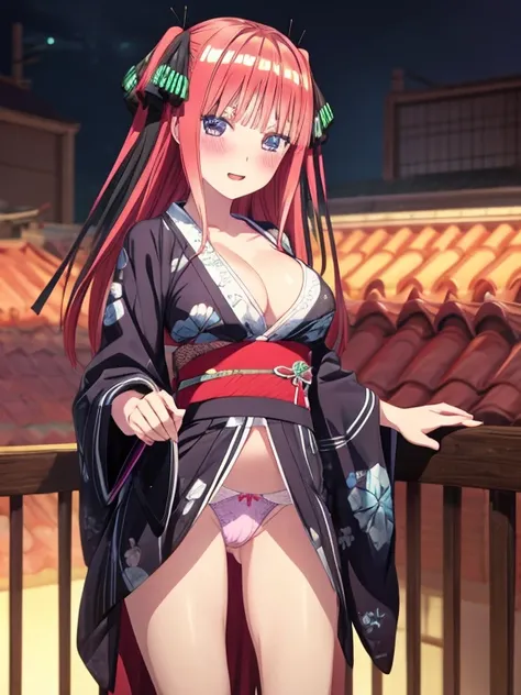 best quality, insanely detailed, nino nakano, breasts, blush, looking at viewer, cheerful eyes, arousal, kimono, highleg kimono, tight kimono, pussy, roof top background, panties, lingerie