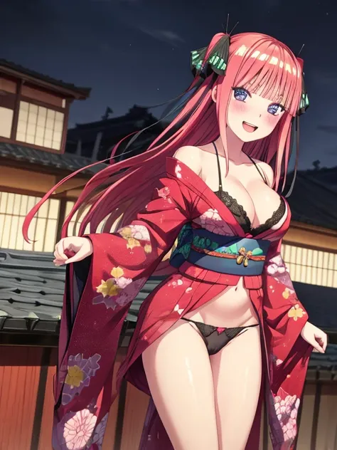 best quality, insanely detailed, nino nakano, breasts, blush, looking at viewer, cheerful eyes, arousal, kimono, highleg kimono, tight kimono, pussy, roof top background, panties, lingerie