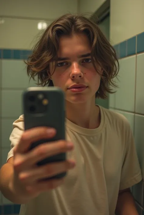 Teen taking a selfie in the bathroom, same face, amateur quality, chapped lips