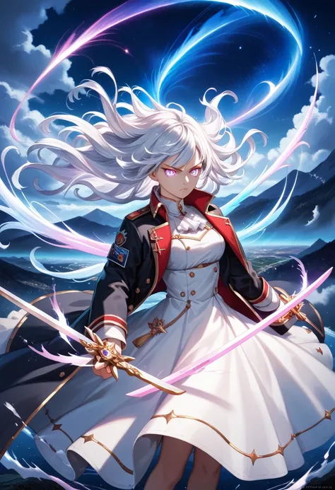 anime-style girl, long flowing white hair, military-style black coat, white dress, holding glowing swords, dual swords, glowing light, determined expression, focused gaze, wind-blown hair, dramatic landscape, starry night sky, vibrant rainbows, arcing rain...