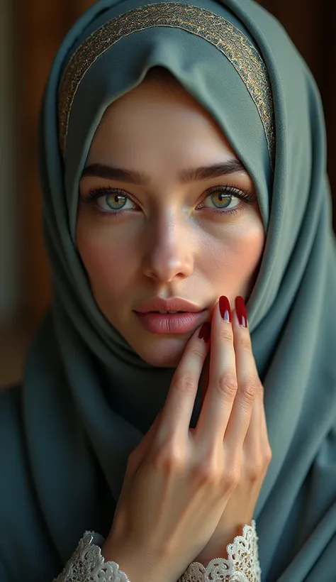 (photorealism 1:1), Beautiful Muslimah with beautiful hijab and Abaya, very beautiful Muslim female, very detailed fingers, beauty red nails, high definition, HDR