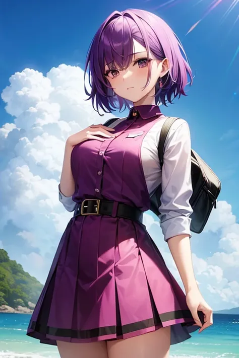 a girl, short bright purple hair, gay clothes (there/them, lesbian)