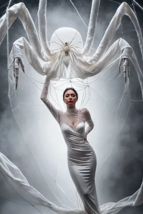 A woman wrapped up in white silk and  spiderweb, with a giant spider behind her