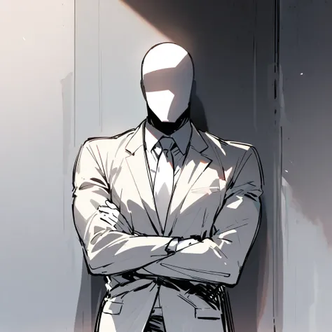 male,Muscular,suit,The face is pure white,Faceless,No face,Cross your arms