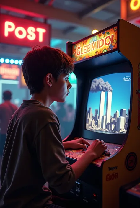 A teenager playing an arcade game in the 1980s with the images of the World Trade Center attacks of September 11, 2001 on the screen