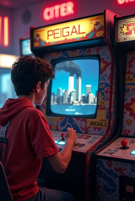 A teenager playing an arcade game in the 1980s with the images of the World Trade Center attacks of September 11, 2001 on the screen