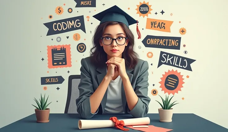 "Real-world skills in demand"
A collage of job skills like coding, digital marketing, and data analysis floating around a young professional, while their diploma is stored away in a drawer, symbolizing the shift in what employers value. Make it realistic n...