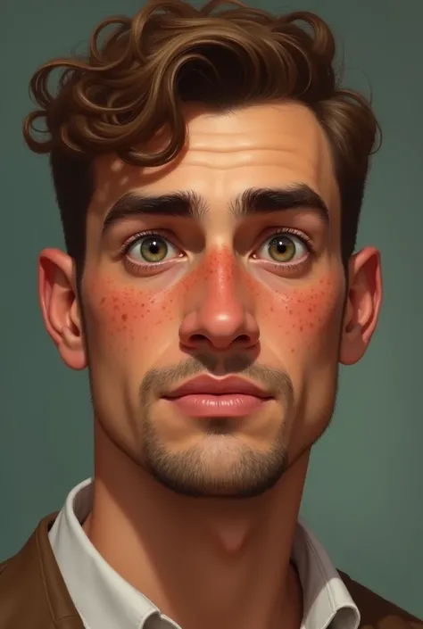 Create a realistic tanned skin man style, square but soft face, fleshy lips, pointy nose, round eyes, with the right iris being green and the left iris being brown, thick eyebrow, freckles all over face, a thin beard and curly light brown hair.