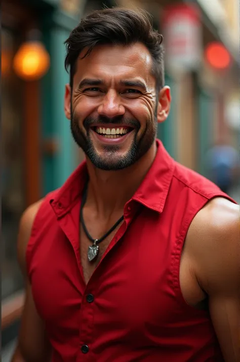 A man wearing a red sleeveless shirt. full body. masterpiece, High resolution, retina, quality, High details, bokeh, Hyperrealism, The best quality, smile, happy, Fangs, 