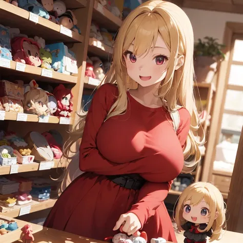 1 female, teenage girl, red long sleeve dress, blonde long hair, rosa cheeks, doll store, playing a dolls, happy face, huge breast