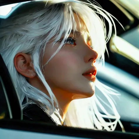 white, modified Audi R8, side skirts, dark tint windows, high quality, 8k, anime woman near it, white hair, inside a white building, spoiler on the back