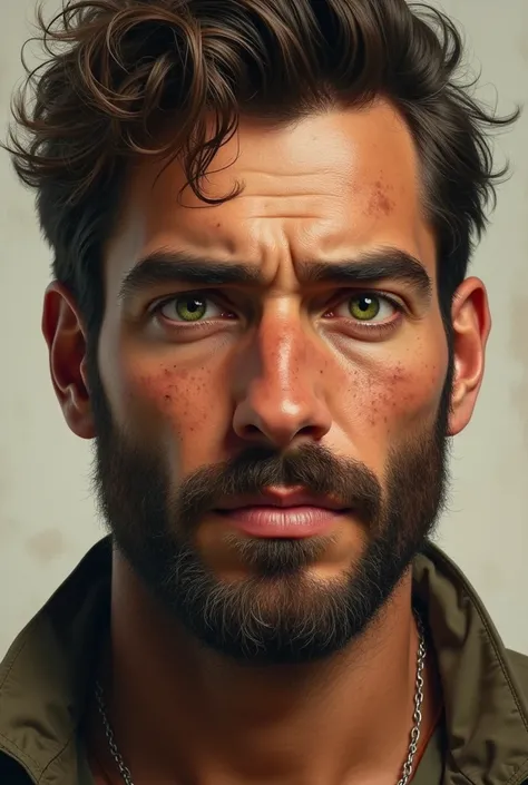 Create a realistic style man who has tanned skin, square but soft face, fleshy lips, pointy nose, round eyes, with the right iris being green and the left iris being brown, thick eyebrow, freckles all over face, a thin beard and curly light brown hair.