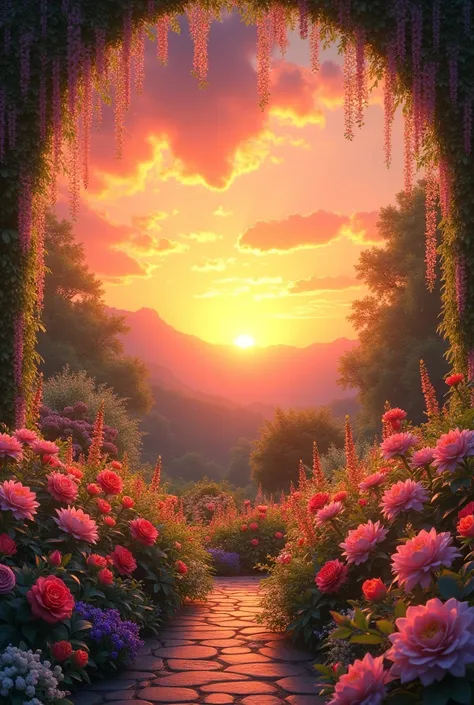 A sunset with a dazzling garden and hanging flowers