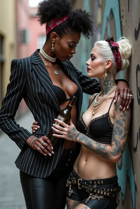 Two russian old milf women: the dominant aggressive dark skinned black woman in business pinstripe suit (jacket and trousers), long nails and afro hair, standing up with separated legs and possessive stance (arm around her girlfriends shoulders squishing h...