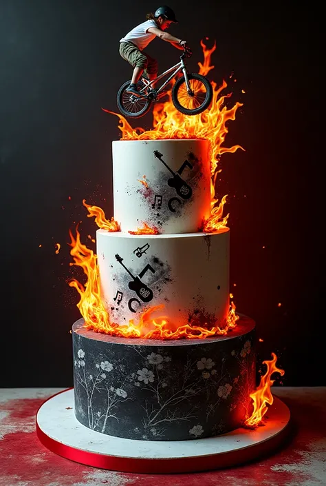 three-tier tilted cake:  with images of fire and musical notes, musical notes and electric guitar:  Young BMX stunts, black colors, White and red