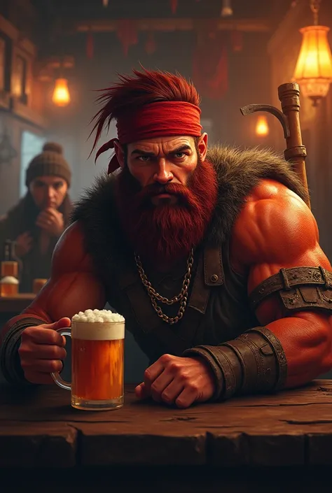 A fire Genasi male, hair red, red skin, a dark red bushy beard a battle axe in one hand and a mug of ale in the other. He’s kind of meh faced and sitting in a bar. Wearing a bandana on his head and a shirt no sleeves. Class fighter. Beard bushy 