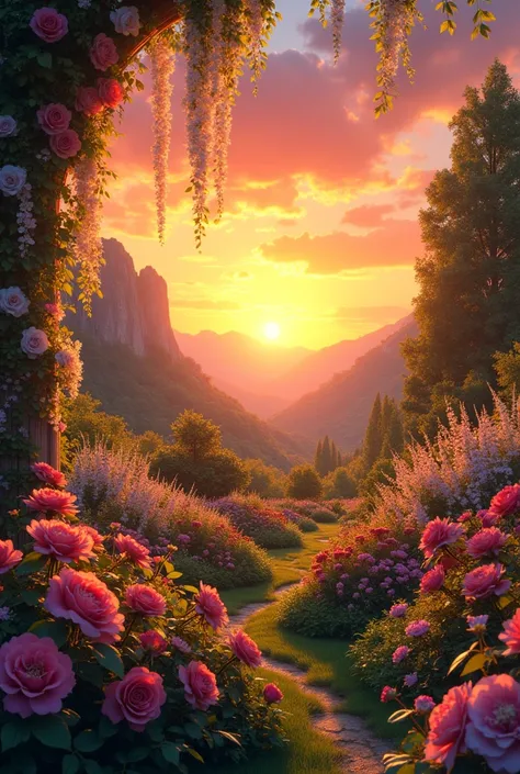 A sunset with a dazzling garden and hanging flowers