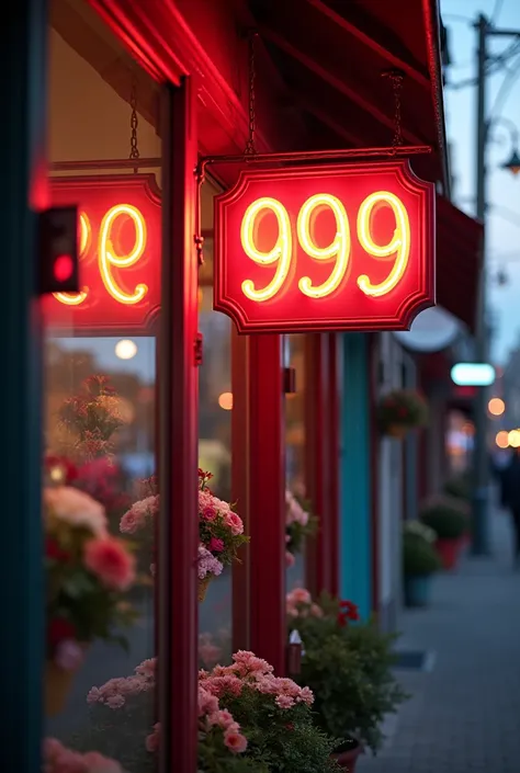 A sign with LED lights hanging on the door of a flower shop on the street containing the number 999