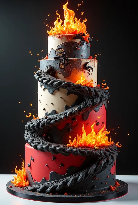 three-tier tilted cake:  with images of fire and musical notes, musical notes and electric guitar:  Young BMX stunts, black colors, White and red