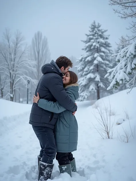 A high resolution couple hugging in the snow