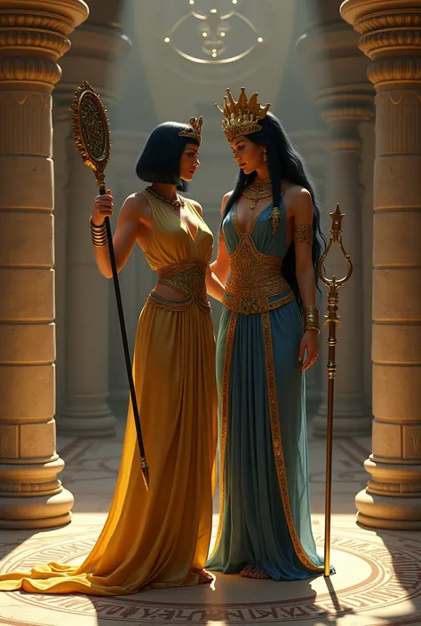 

### **Image Description: cleopatra e hecate**

**Scenario:**
- The atmosphere is a fusion between the magnificence of ancient Egypt and the mystery of a magical temple. to the left, an opulent Egyptian palace, with columns carved in stone and adorned wit...