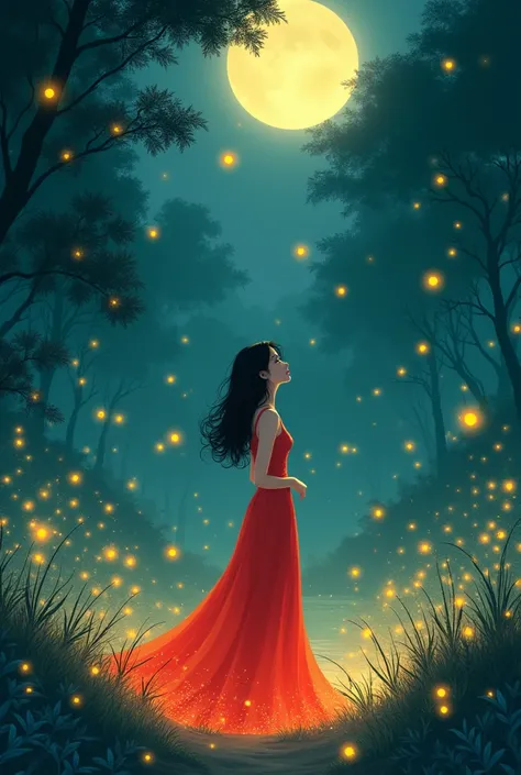 A woman with red dress, fireflies,in the style of studio ghibli artwork with line glitch effect, pastel colour