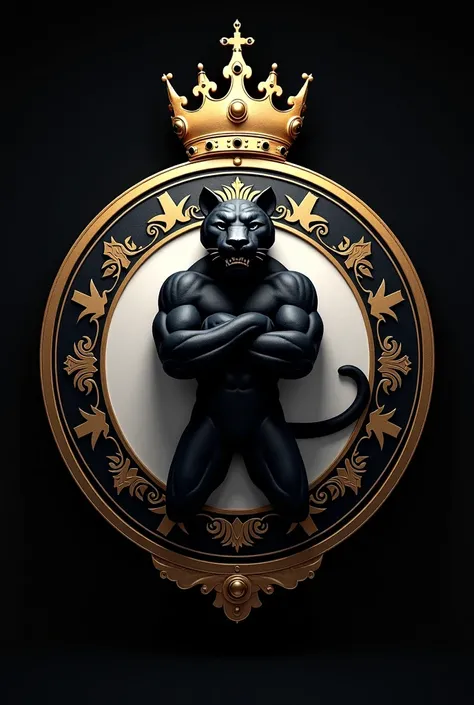 Create a team shield with the name REAL VM, inspired by Real Madrid with the crown on top, In black and white colors, the mascot could be a black panther with its arms closed, make an intimidating shield, with the golden crown, make the shield round.