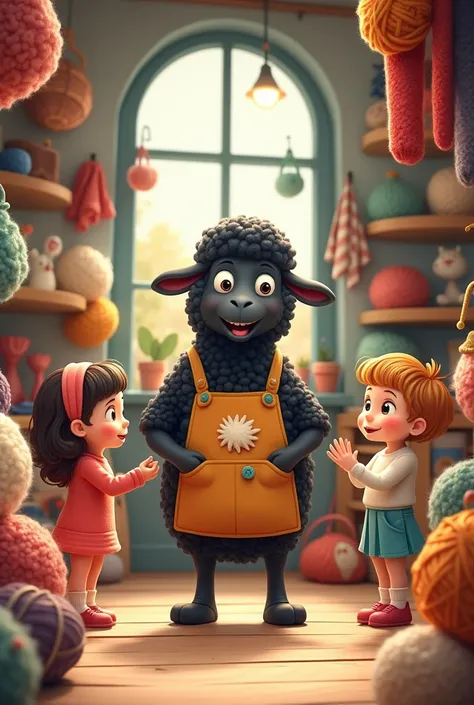 Create a  cartoon  black sheep  as a shopkeeper  who is standing on  his woolen items  shop with  three cartoon  children of  eight years old  