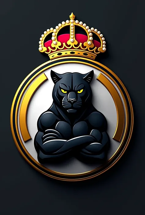 Create a team shield with the name REAL VM, inspired by Real Madrid with the crown on top, In black and white colors, the mascot could be a black panther with its arms closed, make an intimidating shield, with the golden crown, make the shield round, black...