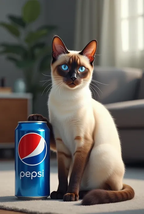 Siamese cat with Pepsi soda 
